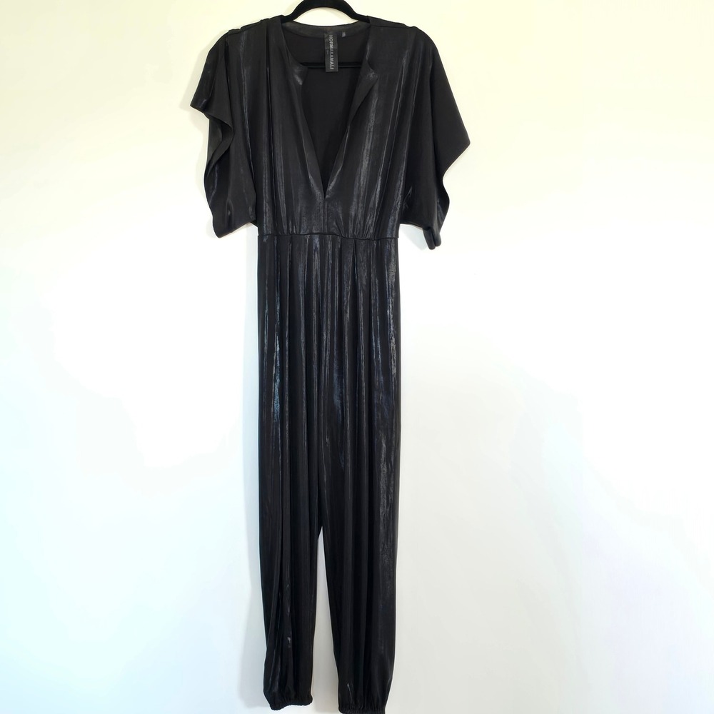 Norma Kamali Black Liquid Shine Jumpsuit XS Deep V Batwing Jogger Party Glam